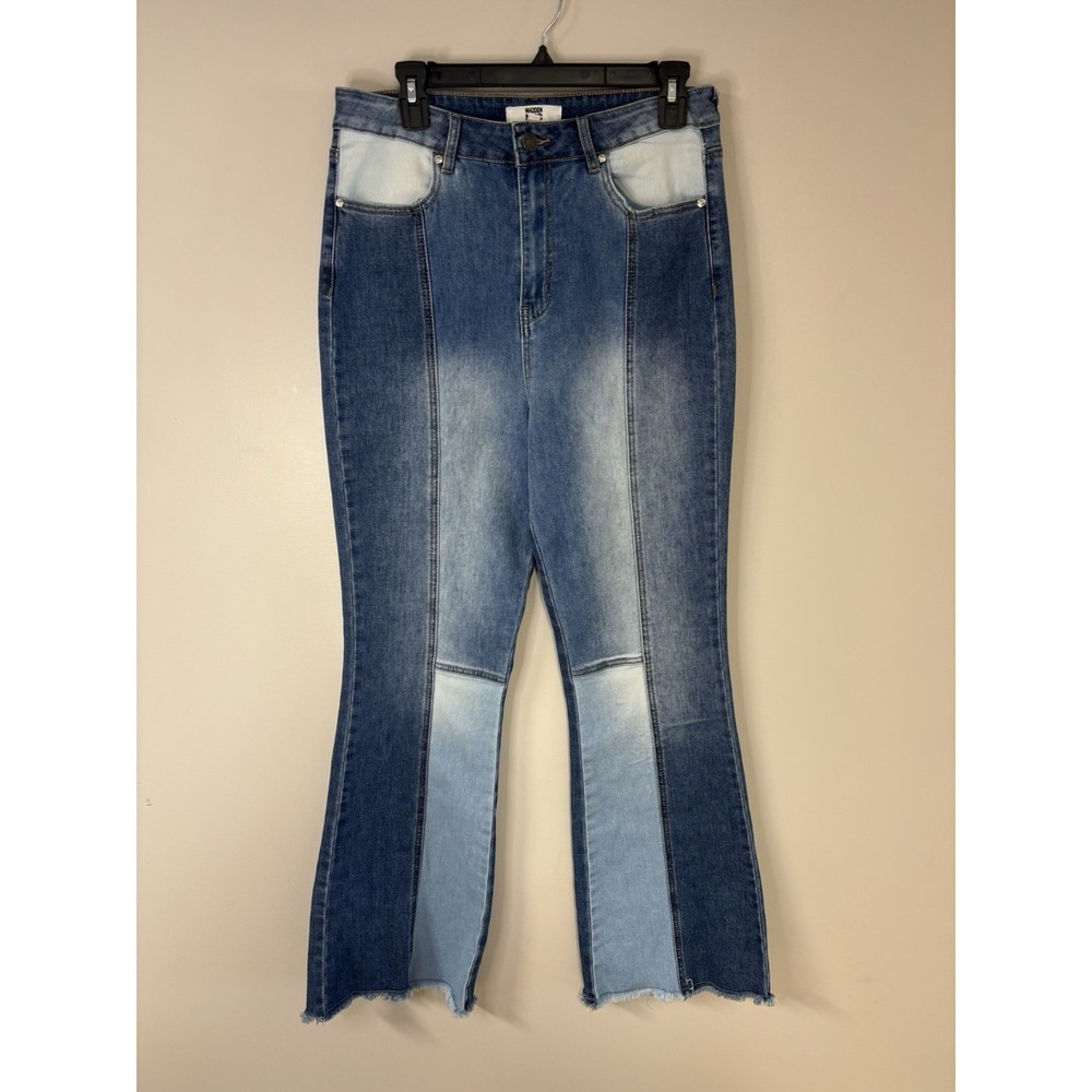 Madden NYC Patchwork Flare Jeans High Rise Raw Hem Denim Size 11